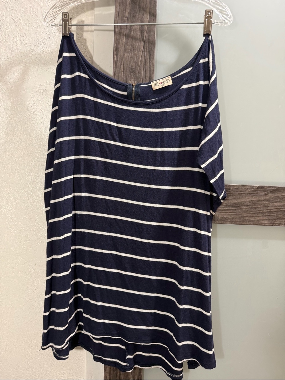 Free Kisses Plus 2X Navy White Striped Oversized Short Sleeve Top